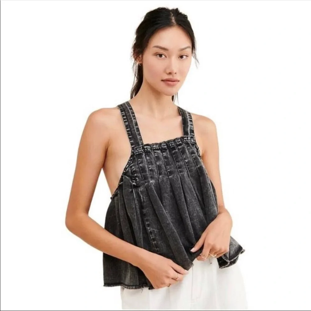 🛑 1 hour sale. Free People, M, pleated baby doll denim - Picture 3 of 11